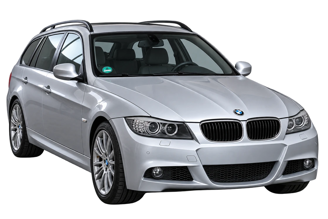 Silberner BMW E91 in Dreiviertelansicht